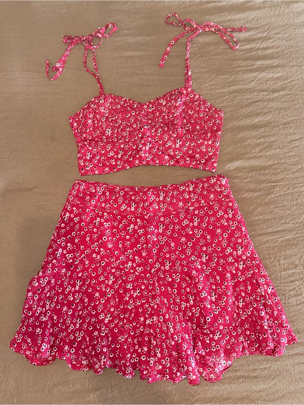 Princess Polly Pink Floral Tie-Strap Crop Top & Mini Skirt Set